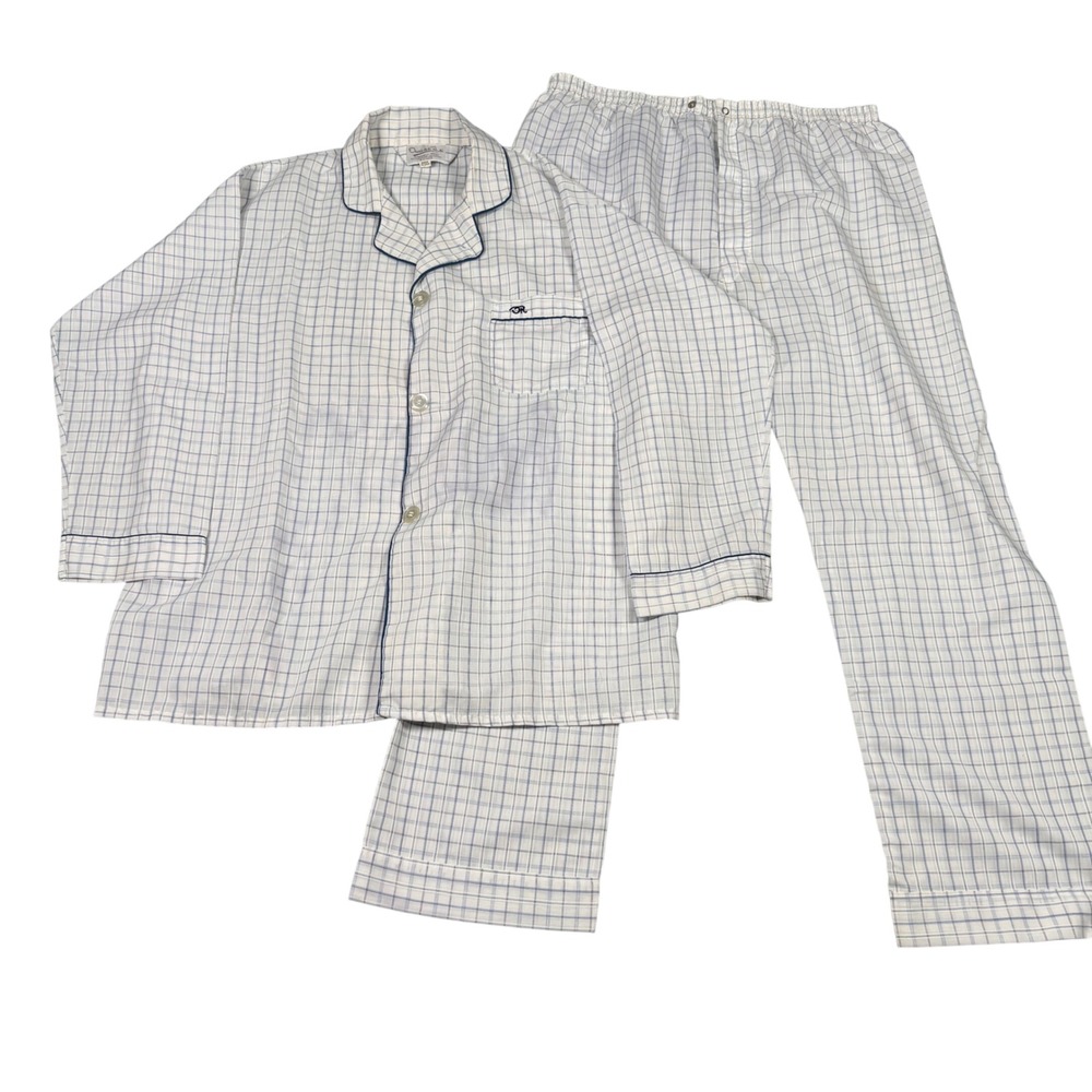 Oscar de la Renta Vintage 70s Grandpa Core Pajama Set Blue White Grid XL USA
